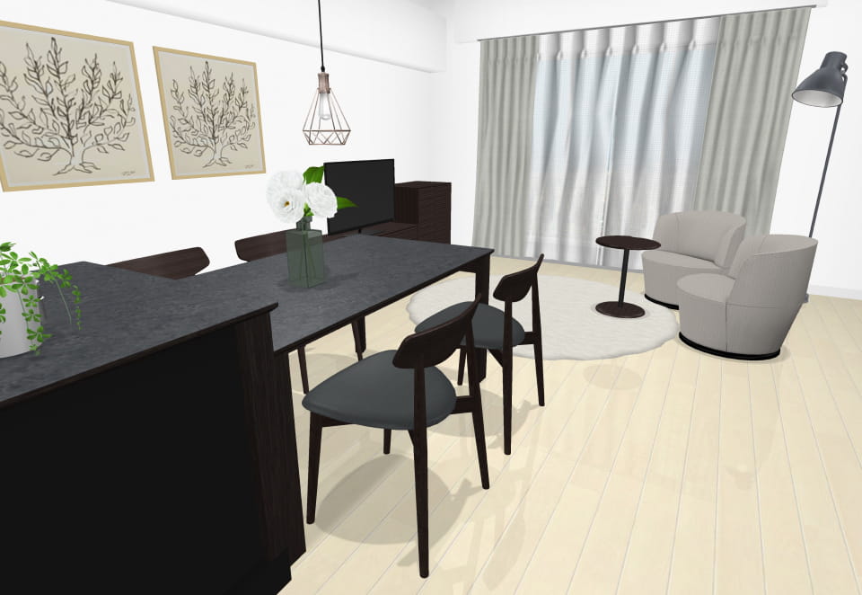 ソファの配置を変更し、通路を確保してゆとりが生まれたリビングダイニングのレイアウト