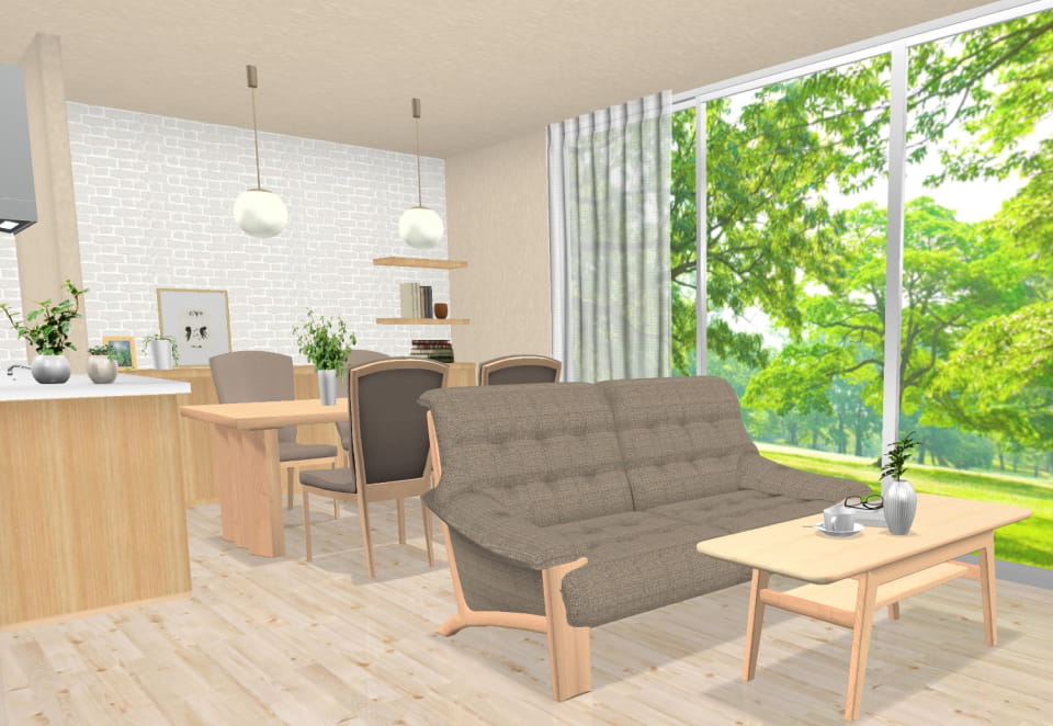 家具の配置により視線が遮られ、部屋が狭く見える横長リビングのレイアウト