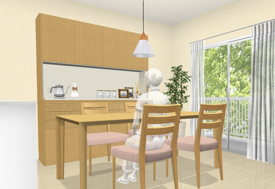 人物モデルを配置し、テーブルと椅子のサイズ感やバランスを確認しているダイニング